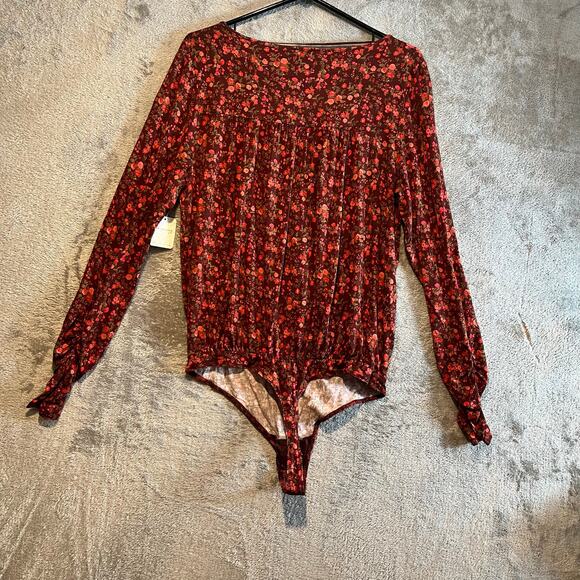 Free People Kaya‎ Floral Print Long Sleeve Bodysuit in Chocolate Combo Large - Picture 4 of 8